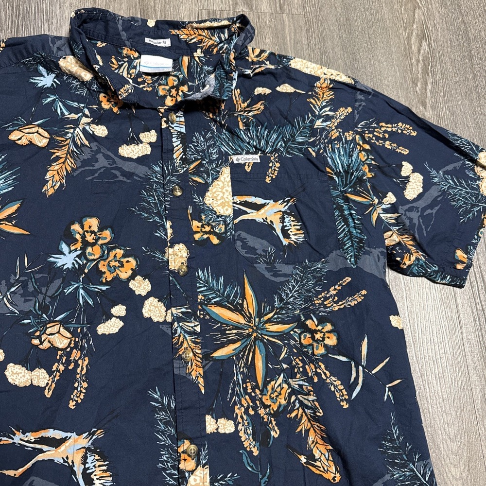 Columbia Men's Hawaiian Tropical Shirt XL Navy Floral Bird Print 100% Cotton